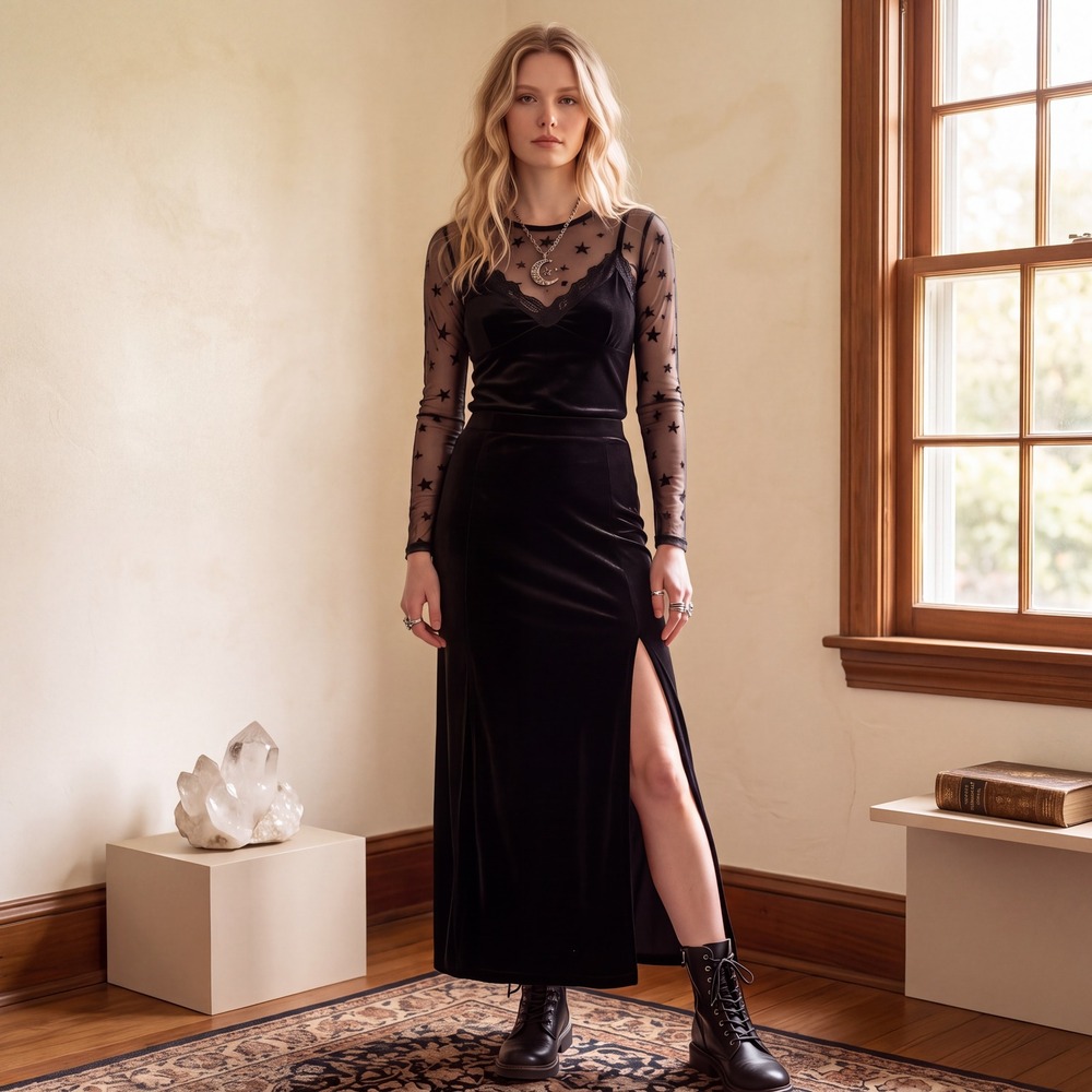 A. Byer Black Velvet Maxi Skirt Side Slit Stretch Goth M Vintage Whimsigoth Y2K